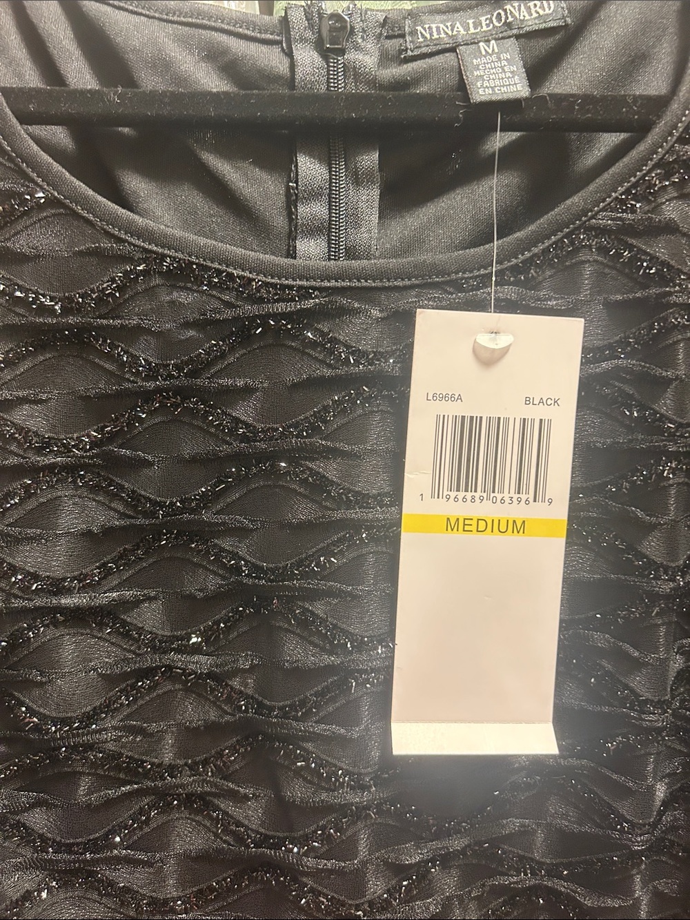 Nina Leonard Black Textured Midi Dress Sz M Wave Lace Overlay Slip built in NWT